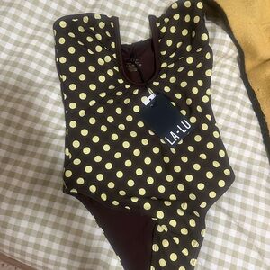 Polka Dot One Piece Swimsuit - Brown and Yellow